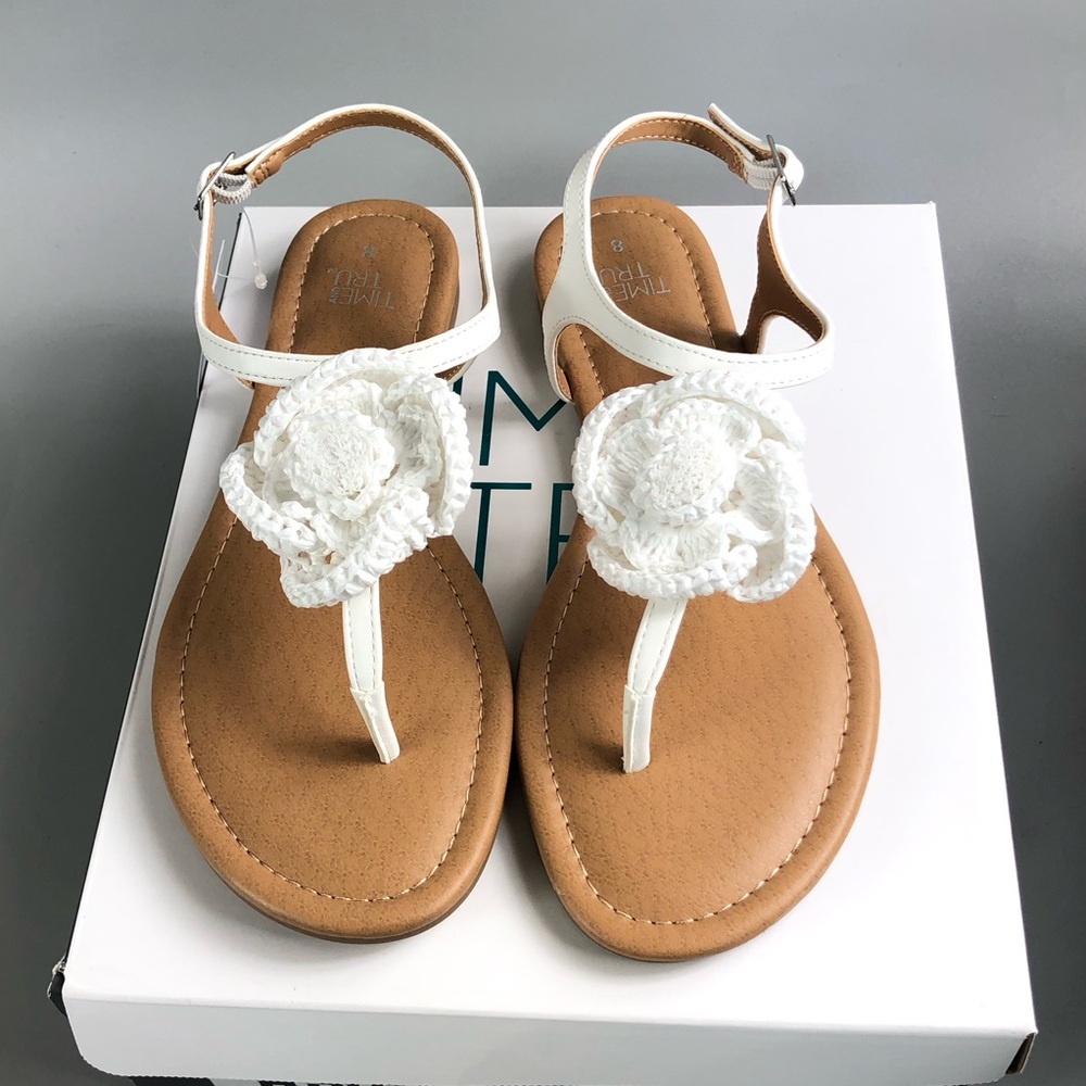 Time and Tru White Crochet Flower T-Strap Sandals with Tan Footbed